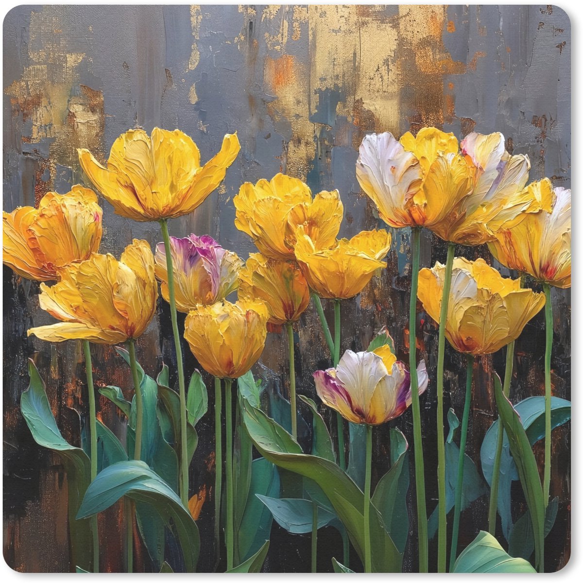 Muismat 30x30 cm - Mousepad Tulpen - Geel - Penseelstreken - Abstract - Muismatten