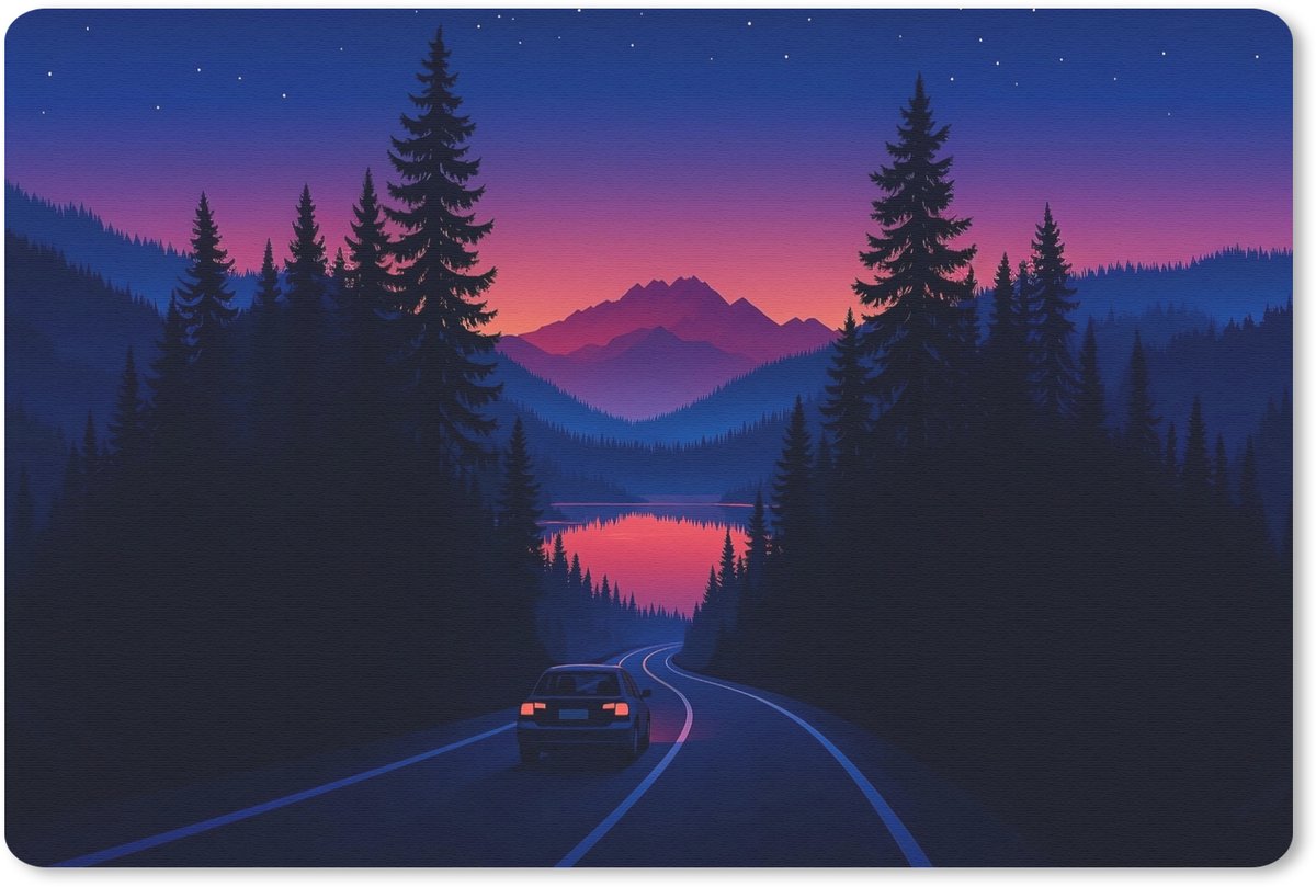 Muismat 27x18 cm - Mousepad Auto - Donkere dennenbomen - Zonsondergang - Muismatten