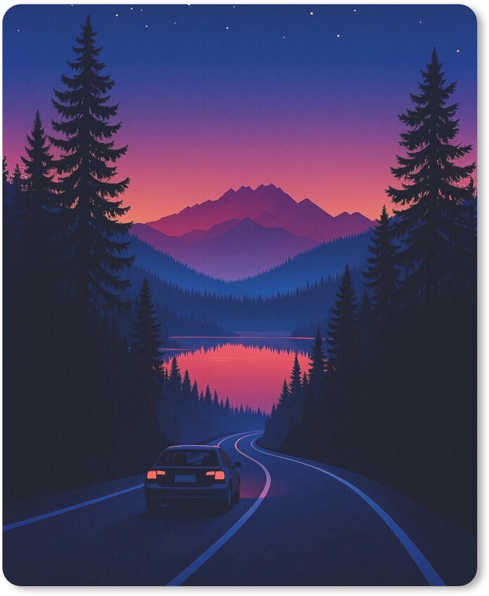 Muismat 19x23 cm - Mousepad Auto - Donkere dennenbomen - Zonsondergang - Muismatten