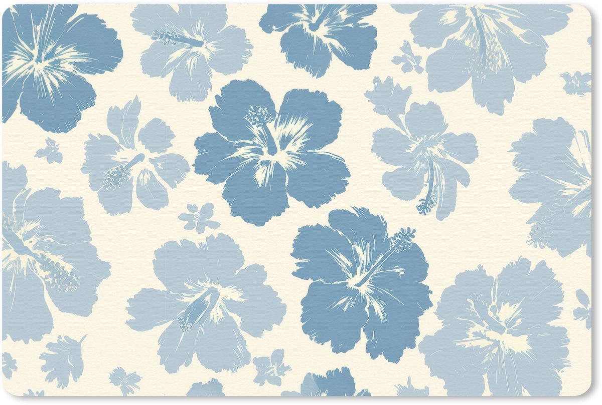 Muismat XXL 90x60 cm - Bureau onderlegger - Bureau mat Hibiscusbloemen - Blauw - Patroon - Tropisch - Bureaumat - Gaming mousepad xl - Bureaulegger groot - Computer deskmat
