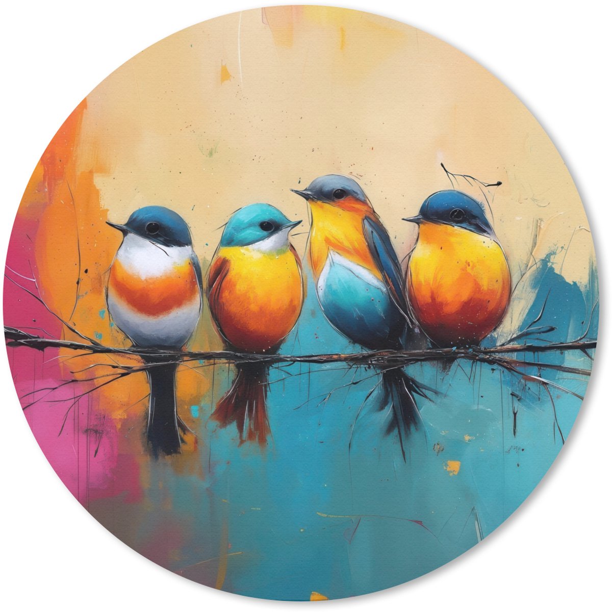 Muismat rond 30x30 cm - Mousepad Vogels - Kleurrijk - Tak - Abstract - Ronde muismatten