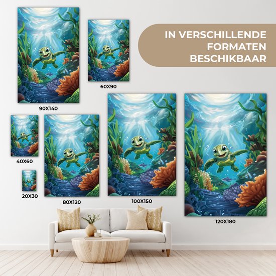 Peinture sur toile 80x120 cm - Décoration murale chambre enfant Tortue - Animaux aquatiques marins - Sous-marin - Algues - Décoration murale murale chambre bébé - Décoration chambre garçon et fille - Accessoires Bébé - Peintures