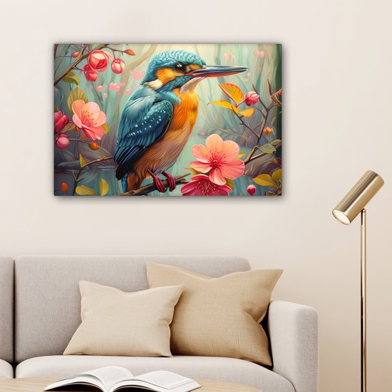 Peinture sur toile 60x40 cm - Décoration murale Martin-pêcheur - Fleur - Nature - Vogels - Fleurs - Décoration murale murale salon - Décoration chambre - Accessoires de chambre - Peintures