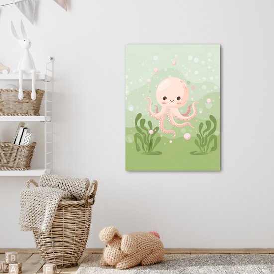 Peinture sur toile 50x70 cm - Décoration murale chambre enfant Poulpe - Animaux aquatiques - Vert - Sous-marin - Décoration murale chambre bébé - Décoration chambre garçon et fille - Accessoires Bébé - Peintures