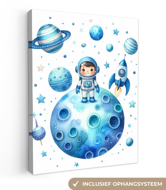 Canvas schilderij 30x40 cm - Wanddecoratie kinderkamer Ruimte - Blauw - Astronaut - Sterren - Planeten - Muurdecoratie babykamer - Kamer decoratie voor jongens en meisjes - Baby accessoires - Schilderijen