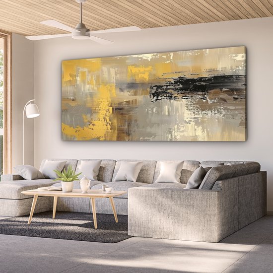 Tableau sur toile 200x100 cm - Décoration murale Abstraite - Jaune - Moderne - Beige - Décoration murale salon - Décoration chambre - Accessoires chambre - Peintures sur toile