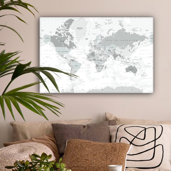 Canvas schilderij 90x60 cm - Wanddecoratie Wereldkaart - Wit - Grijs - Aarde - Muurdecoratie woonkamer - Kamer decoratie accessoires - Schilderijen