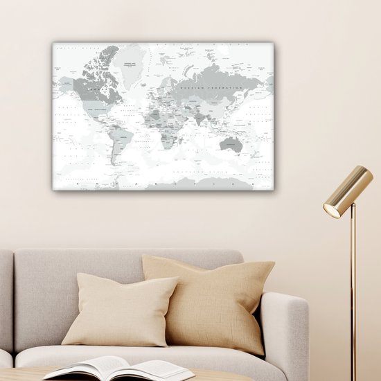 Canvas schilderij 90x60 cm - Wanddecoratie Wereldkaart - Wit - Grijs - Aarde - Muurdecoratie woonkamer - Kamer decoratie accessoires - Schilderijen