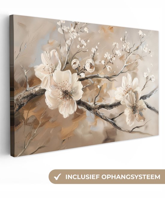 Canvas schilderij van bloeiende witte bloesems aan een tak, met de tekst "Inclusief ophangsysteem".