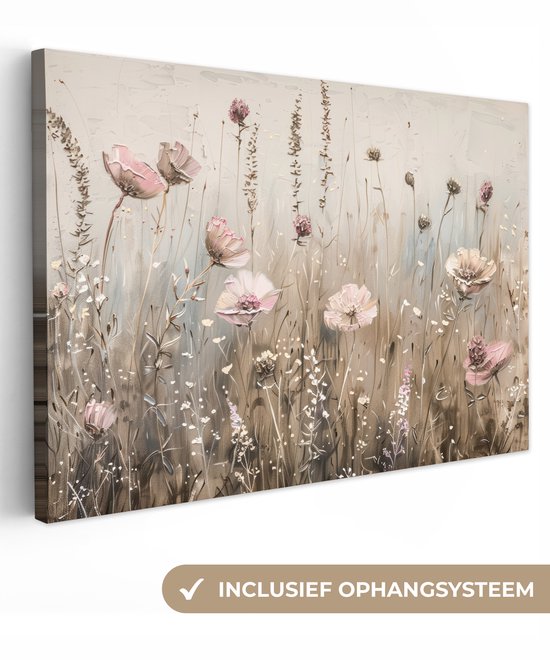 Abstract schilderij met roze en beige bloemen en grassen. Inclusief ophangsysteem.