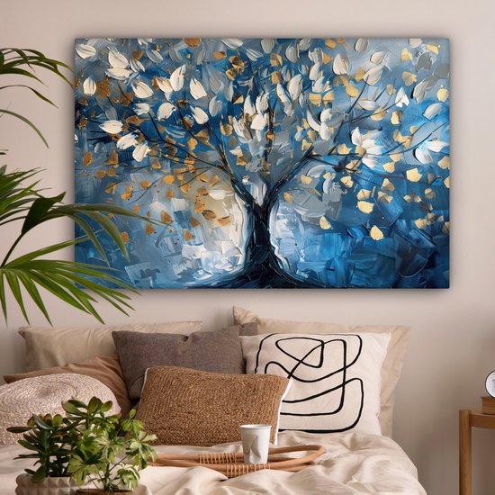 Peinture sur toile 120x80 cm - Décoration murale Arbre - Blauw - Or - Abstrait - Décoration murale murale salon - Décoration chambre - Accessoires de chambre - Peintures