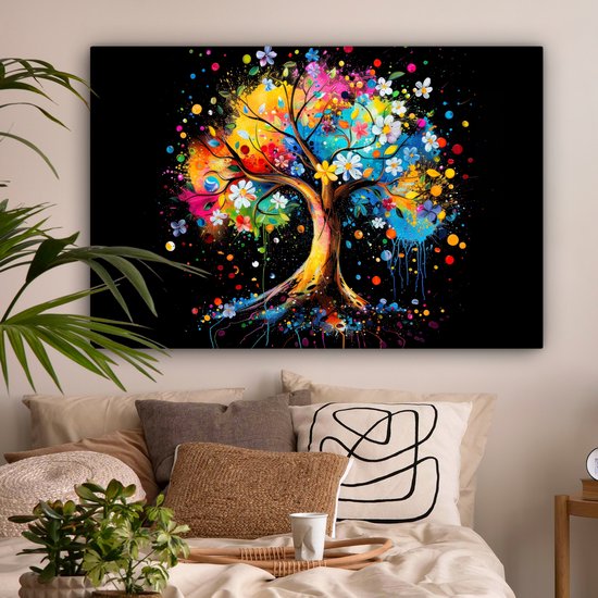 Peinture sur toile 120x80 cm - Décoration murale Arbre - Coloré - Fleurs - Zwart - Décoration murale murale salon - Décoration chambre - Accessoires de chambre - Peintures