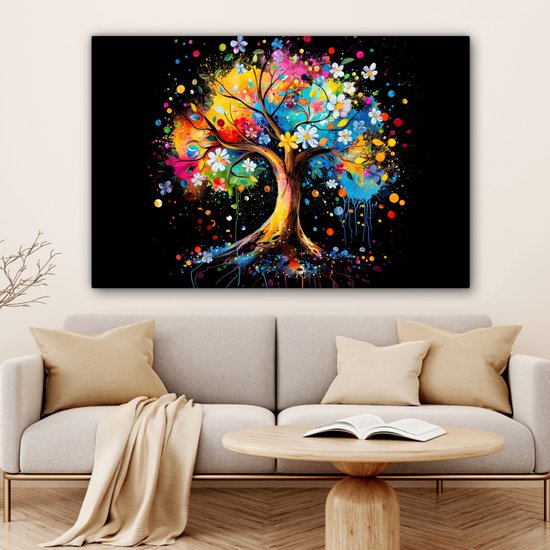 Peinture sur toile 120x80 cm - Décoration murale Arbre - Coloré - Fleurs - Zwart - Décoration murale murale salon - Décoration chambre - Accessoires de chambre - Peintures