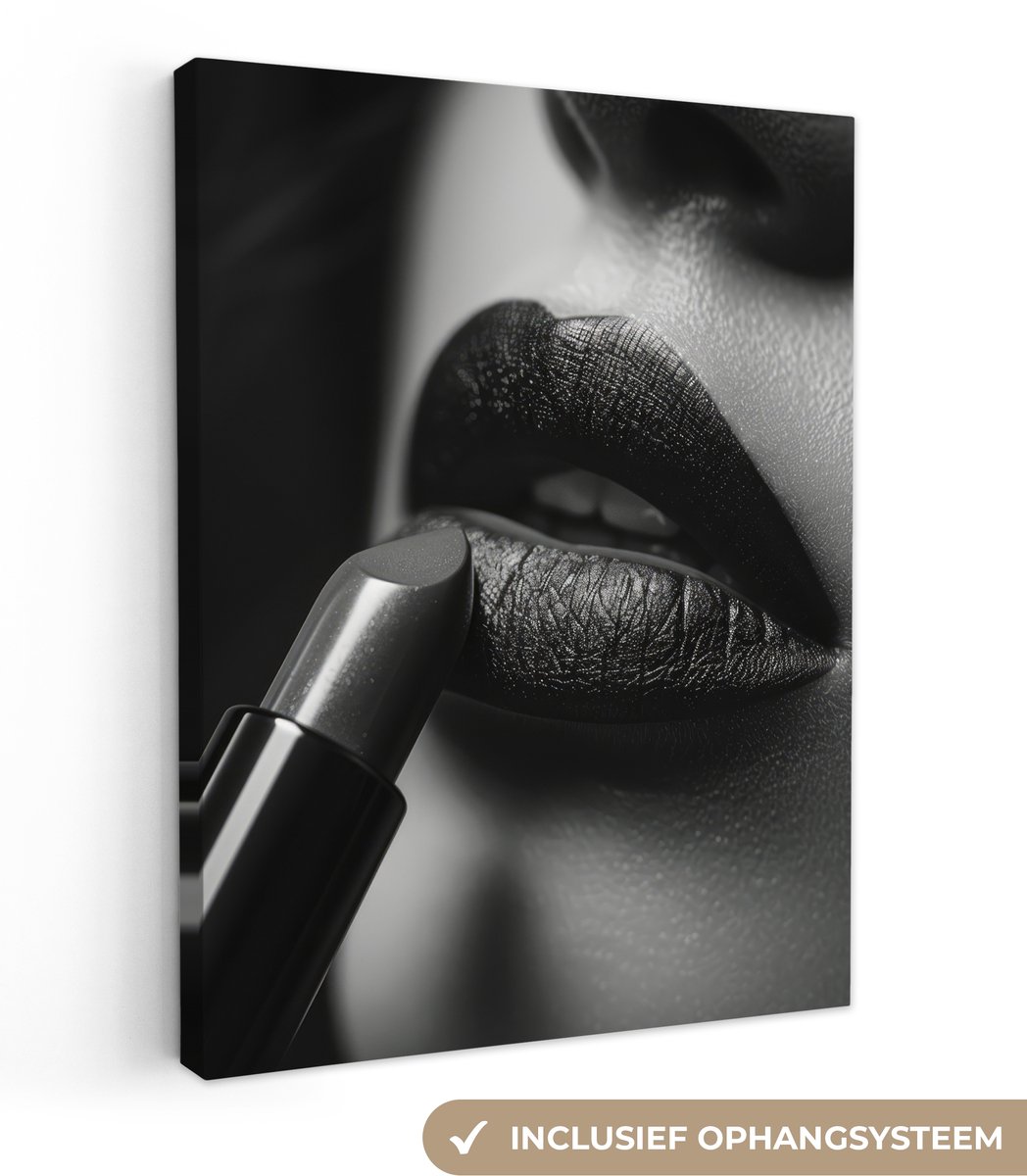 Canvas schilderij 30x40 cm - Wanddecoratie badkamer Vrouw - Lippenstift - Zwart wit - Make
