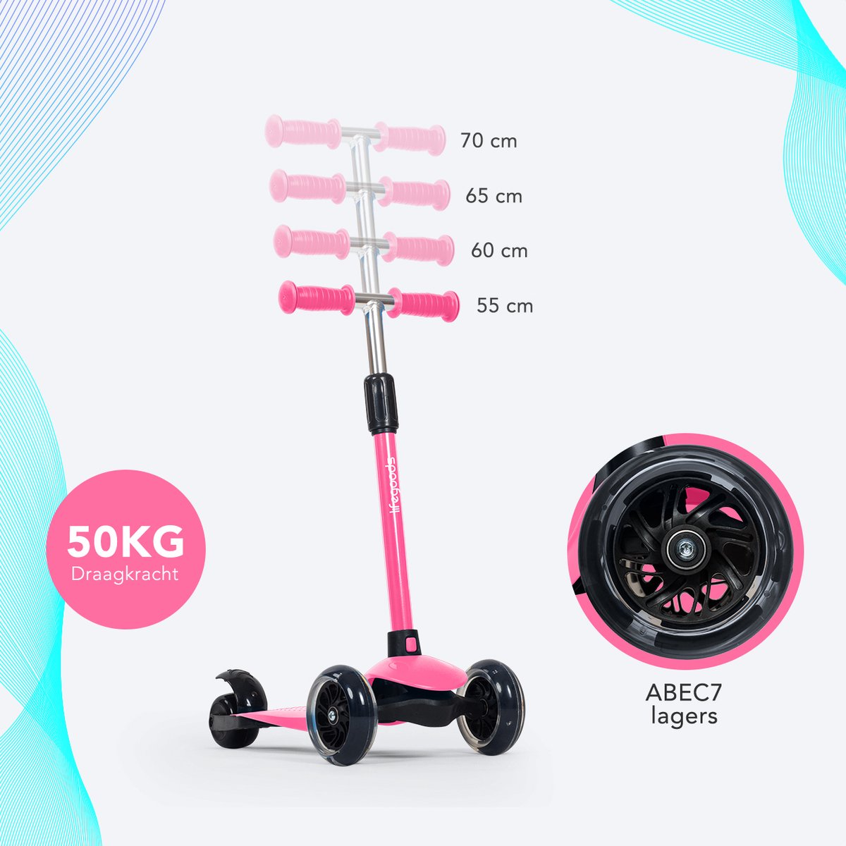 LifeGoods Kinderstep - Step 2-5 Jaar - 3 Lichtgevende LED Wielen - Hoogte Verstelbaar - Jongens/Meisjes - Roze — afbeelding 5