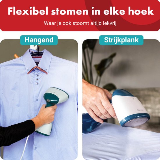 Linker afbeelding: hand gebruikt witte en turquoise stoomstrijkijzer op hangende jurk. Rechter afbeelding: hand gebruikt stoomstrijkijzer op strijkplank.