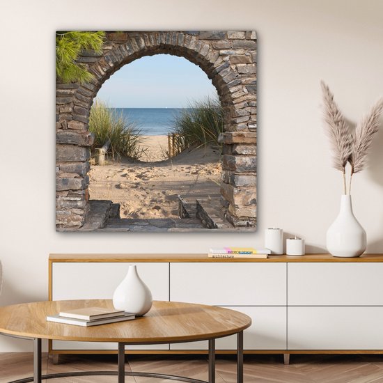 Canvas schilderij 90x90 cm - Wanddecoratie Doorkijk - Strand - Duin - Planten - Muurdecoratie woonkamer - Slaapkamer decoratie - Kamer accessoires - Schilderijen op canvas