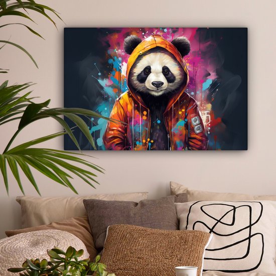 Tableau sur toile Panda - Manteau - Graffiti - Oranje - 60x40 cm - Décoration murale