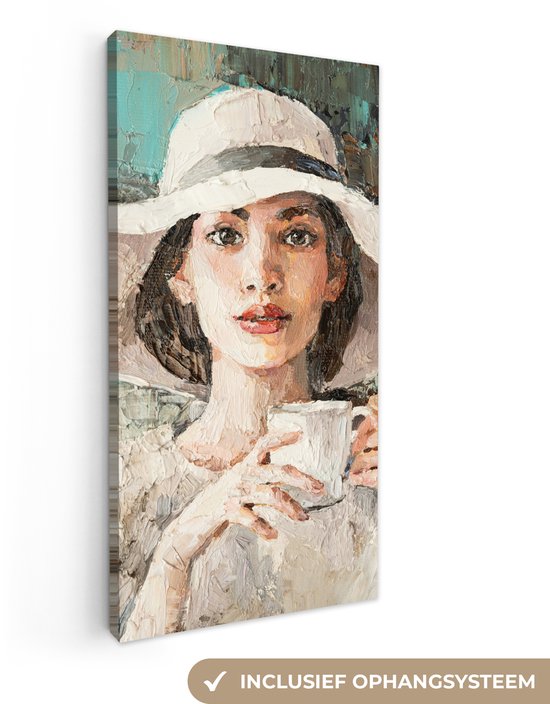 Toile - Peinture - Huile - Femme - Café - Chapeau - 40x80 cm - Peintures sur toile - Intérieur