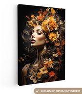 Canvas schilderij 90x140 cm - Vrouw bloemen - Kamer decoratie accessoires - Schilderijen portret woonkamer - Wanddecoratie slaapkamer - Muurdecoratie keuken - Wanddoek interieur binnen - Woondecoratie huis