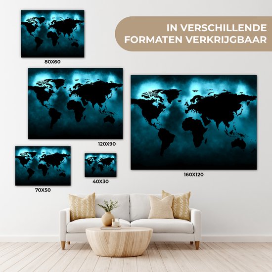 Wereldkaart Toile - 80x60 - Décoration murale Wereldkaart - Zwart - Blauw