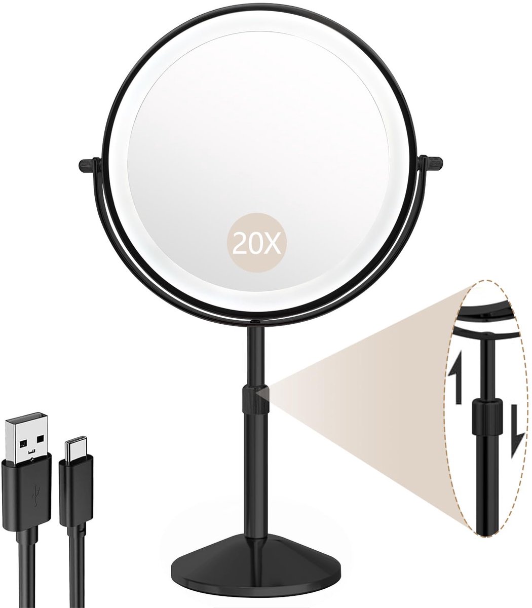 Azomor® Verstelbare make-up spiegel met verlichting en 20x vergroting voor perfect detail