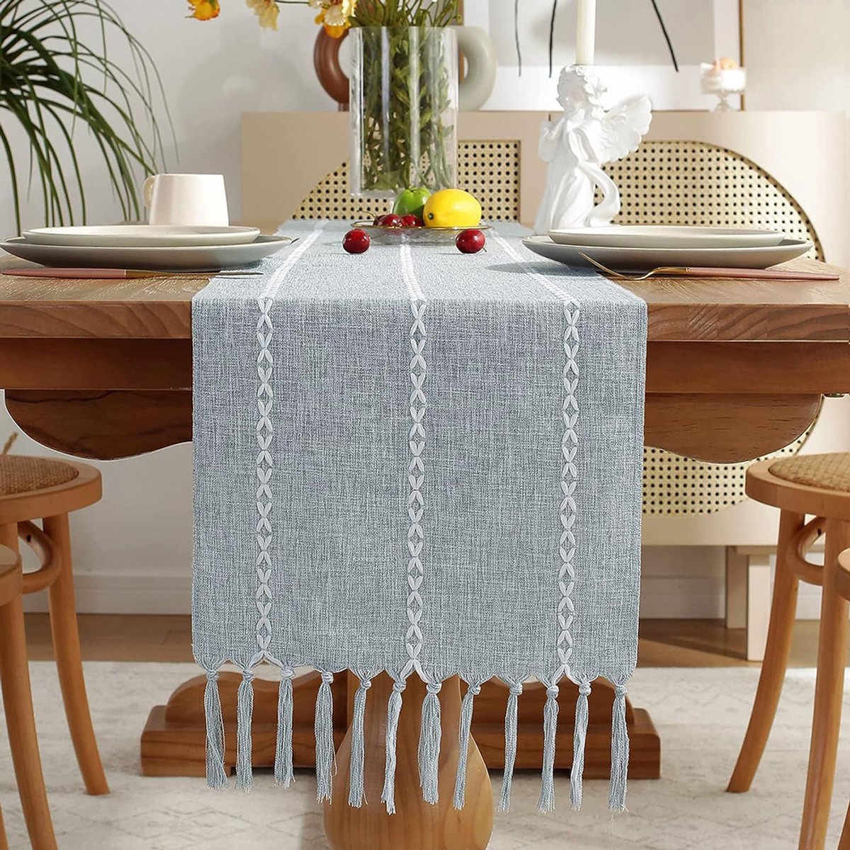 Kerst Tafelloper in boerderijstijl in grijsblauw - vintage katoen en linnen, landelijke stijl - 120 cm - met handgemaakte kwastjes - perfect voor feesten, restaurantdecoraties en desserttafeldecoraties - (grijsblauw, 33*120 cm)
