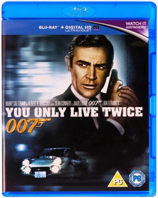 Voorkant van een Blu-ray-hoes met Sean Connery als James Bond, met een auto en filmtitel 'You Only Live Twice'.