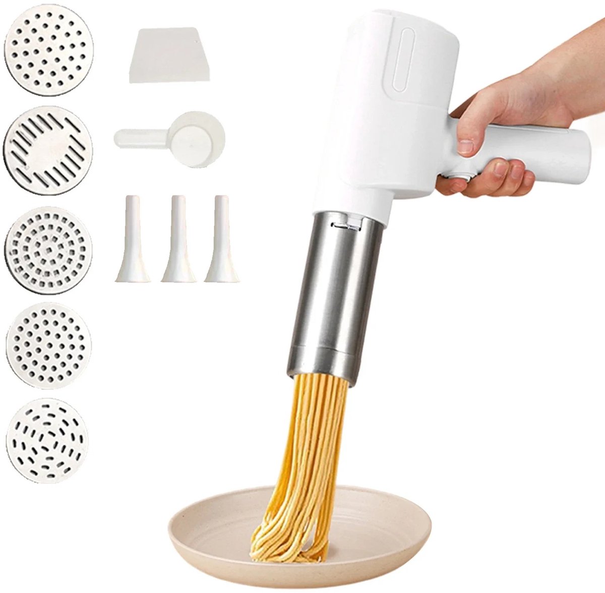 Equal to None - Pastamachines - USB-oplaadbaar - Pastamaker - Noodle Machine - Ergonomisch ontwerp - 5 Noedelvormen - 1500 mAh - 5 opzetstukken - Roestvrij - 23 × 21 × 5,5 cm - Wit
