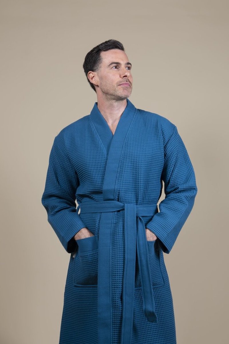 Sauna Wafel Badjas Heren – Cozylion – 100% Duurzaam Katoen – Oeko-Tex – Blauw – Kimono Stijl – Wafel Badjassen Mannen – Sauna & Wellness Ochtendjas voor Man