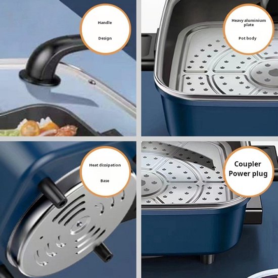 WizBay Premium Select® 3in1 Koreaanse Elektrische Grill 6L - Hotpot - Stoompan - Inclusief Aluminium Stoomplaat - Funcooking - Gourmetten - 4 tot 6 Personen - Anti Aanbak Laag - 1500W - Temperatuurregeling - Blauw — afbeelding 5