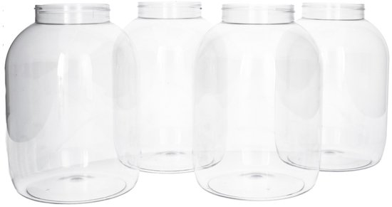 Vier lege transparante ronde PET-potten van 5000 ml.