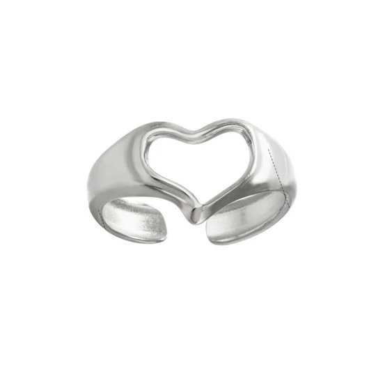 Zilverkleurige, verstelbare ring in de vorm van een open hart.
