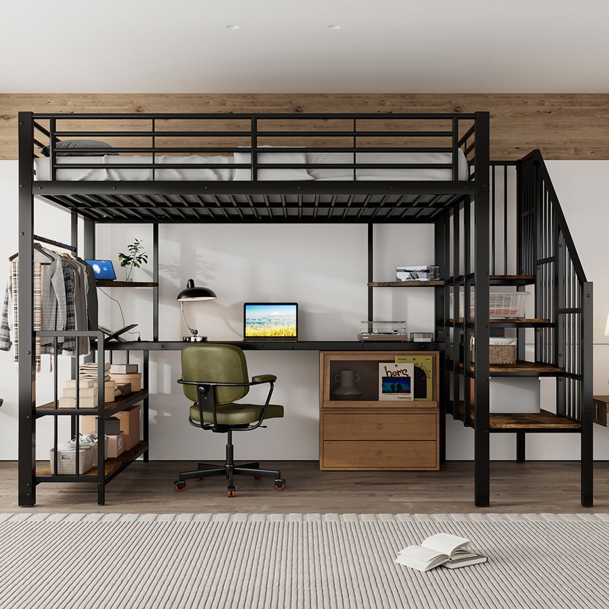 BLACKCOLORS IJzeren bed, stapelbed, zijladder met leuning, met oplaadpunt, met kleerhanger, opbergruimte en twee anti-kantelbeveiligingen, ijzer + MDF, zwart + donker, 120 x 200 cm