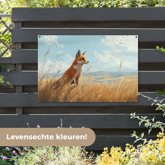Affiche de jardin 120x80 cm - Décoration de jardin Renard - Herbe - Nuages ​​- Oranje - Affiche pour le jardin - Décoration extérieure - Tableau de jardin clôture - Décoration murale en tissu de jardin - Décoration murale en tissu de balcon