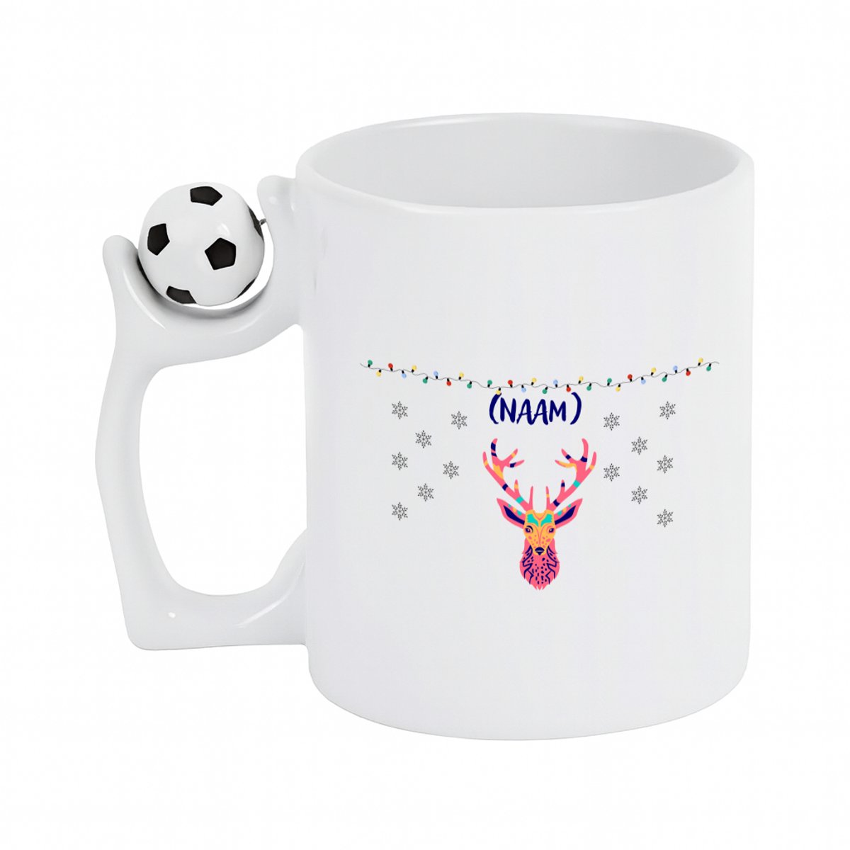 Hacebo® - Kerst rendier met eigen naam koffiebeker met voetbal wit - Kerstmis - Kerst beker - thee mok - koffie beker - winter - kerst - christmas - kerst cadeau - koffiemok - 330 ML