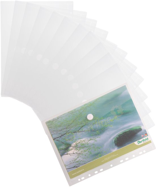 Een waaier van doorzichtige plastic insteekhoezen, één met een afbeelding van een landschap met groen gebladerte.