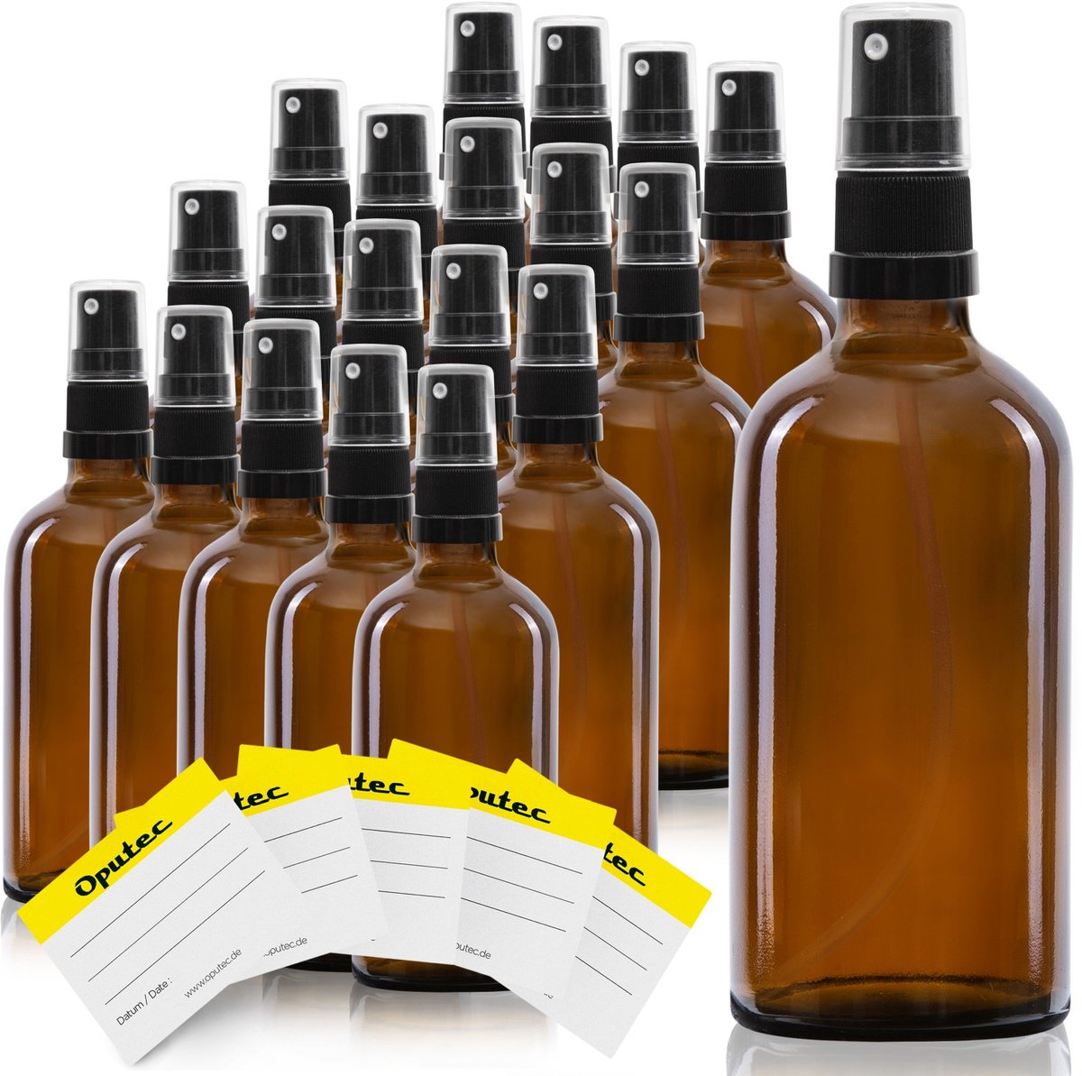 Oputec 20 x 100 ml sprayflessen – bruin glas met fijne verstuiver & etiketten – lekvrij & navulbaar
