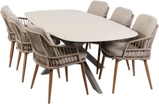 7-delige tuinset | 6 Isabel tuinstoelen (Sand/Wood) | Tuintafel Malaga 240x115cm (Camel)