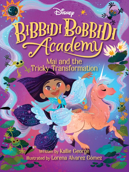 Boekomslag Bibbidi Bobbidi Academy: Mai rijdt op een eenhoorn, omringd door kikkers en bloemen in een magische tuin.