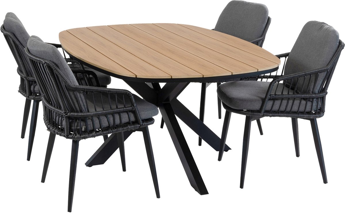 5-delige tuinset | 4 Isabel tuinstoelen (Black) | Tuintafel Cadiz 180x115cm (Black)