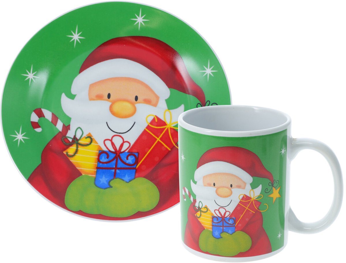 SIAKI Kerst servies setje - bordjes, beker - 2-delig - groen met kerstman - voor kinderen - ontbijtsetje - kerstservies