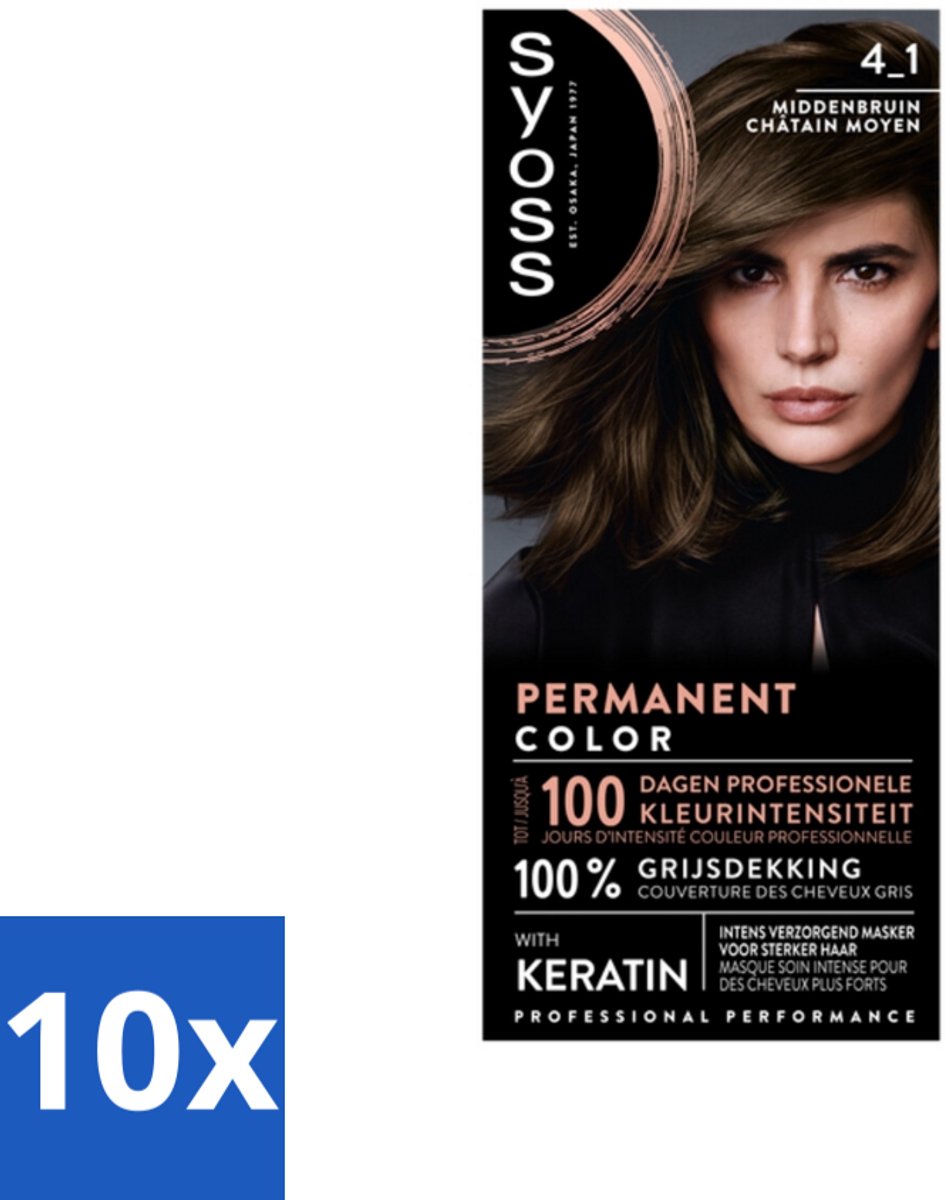 10 x SYOSS - Coloration 4-1 Middenbruin - Haarverf - Grijsdekking - Vermindert Haarbreuk - Haarverf - Permanent Haarkleuren - Grijsdekking - Haarverf 4-1 - Haarverf Middenbruin