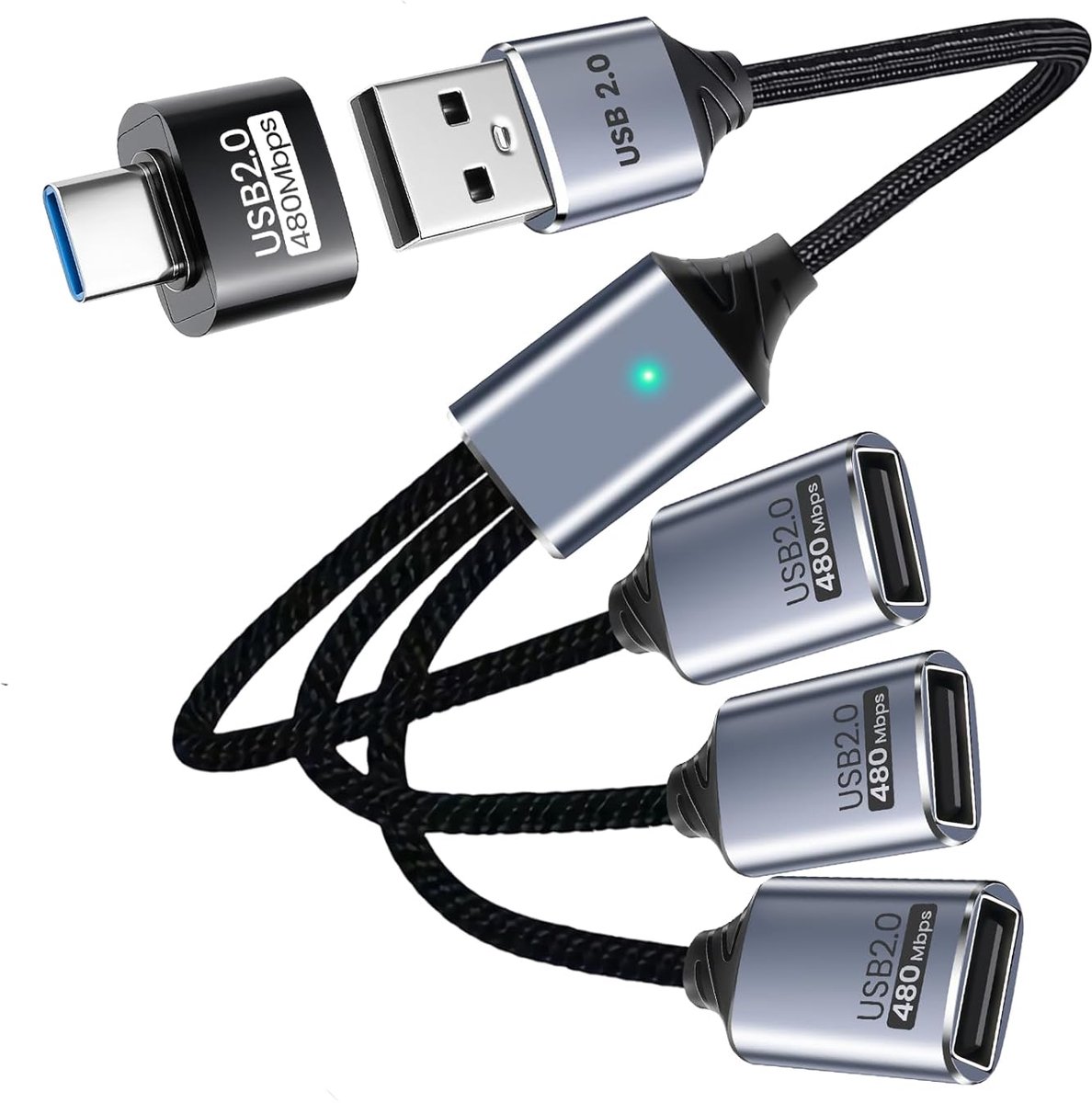 Image of 3-poorts USB-splitter met USBC-adapter voor laptop - 1 in 3 uitgangskabel voor data en opladen