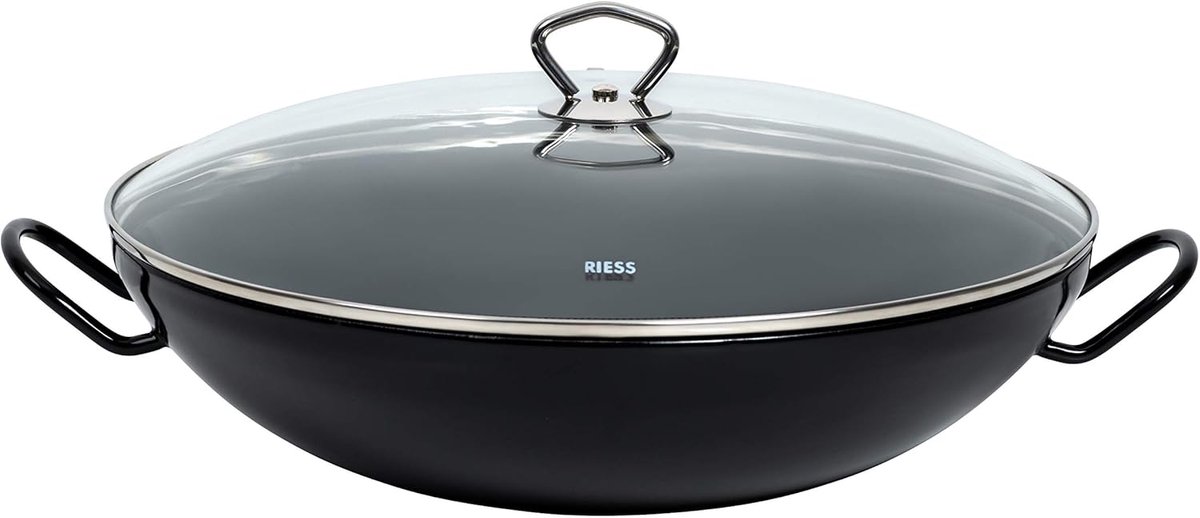Wok met Glazen Deksel 36 cm - Zwart Email, Inductie Geschikt