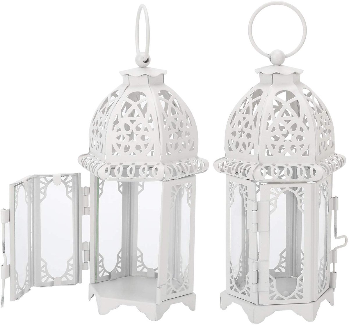 2 stuks decoratieve lantaarns, 16 x 7 x 7 cm, metalen mini-theelicht, hanglantaarn, voor indoor outdoor evenementen, pariteiten en bruiloften, wit transparant