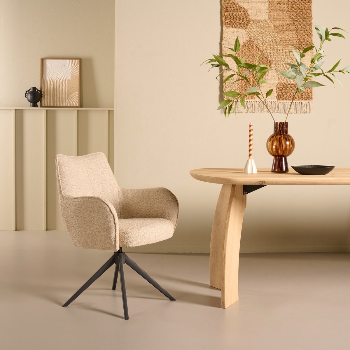 Draaibare Eetkamerstoel Tumba - Boucle / Metaal - Beige / Zwart - 62x80x66 cm (BxHxD) - 360° - ARS