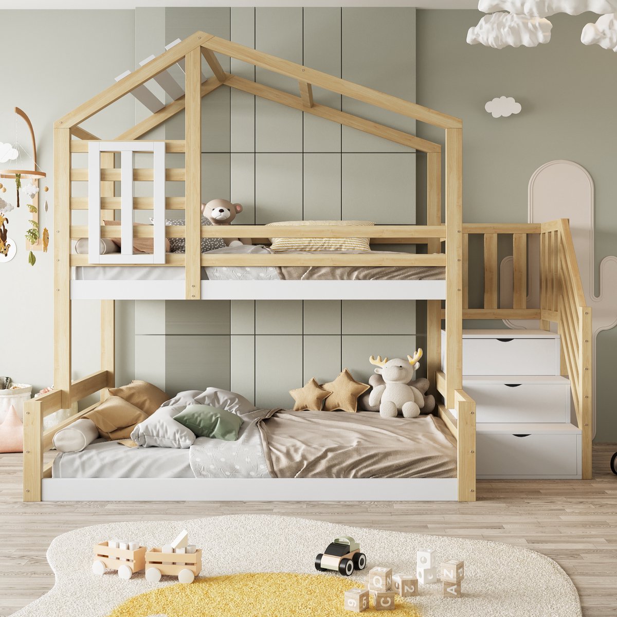 Merax Stapelbed 90x200 cm - bed met raam - huisrand - leuning - trap met opbergruimte - houtkleur - zonder matras