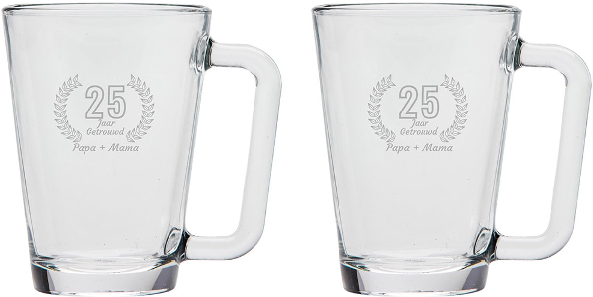 Gegraveerde set Theeglazen 26cl Papa + Mama 25 jaar getrouwd