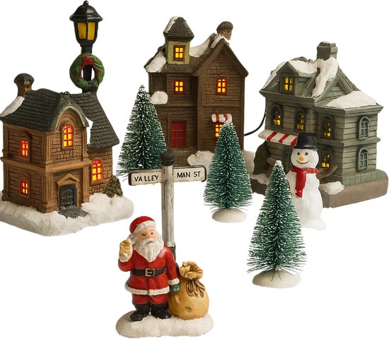 Lomera Kerstdorp met Verlichting - Verlichte Kersthuisjes - Kersttafereel - Kerstdecoratie - Kerstbomen - Kerstfiguren - Werkt op Batterijen - Polyresin Materiaal - Set van 10 - Kerstlantaarn - Kerstversiering